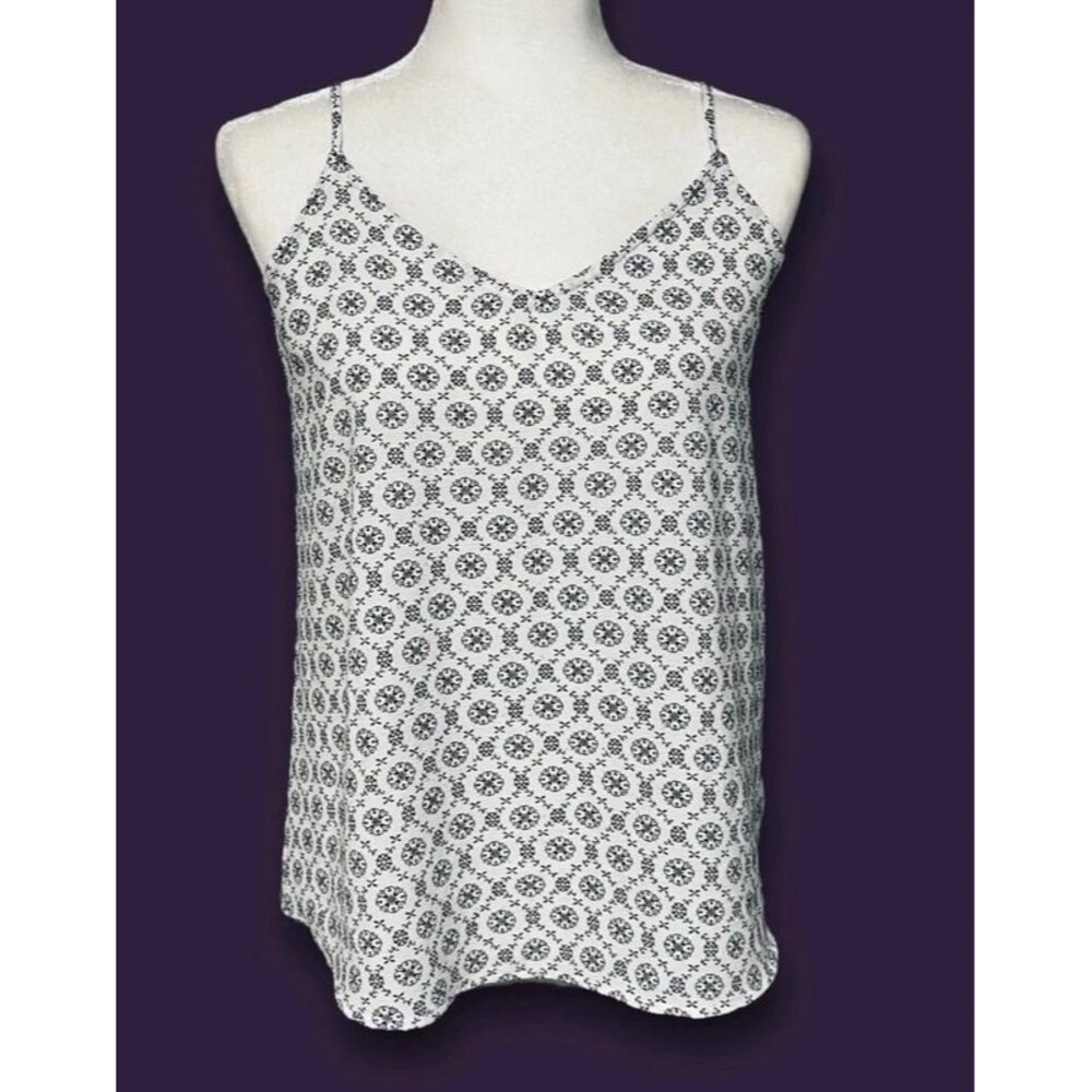 Women’s Size Large Cami Blouse White with Black Boho Floral Geometric Pattern SO